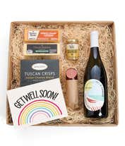 A gift box with a bottle of California Pinot Noir, two types of cheese, crackers, stone-ground mustard, a summer sausage and a Get Well Soon message card.