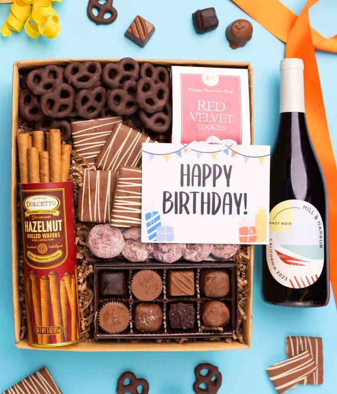 Happy Birthday! Sweet Treats & Red Wine Gift Box at From You Flowers