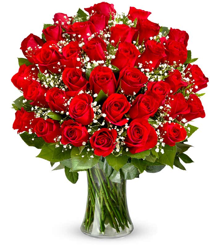 Three dozen vibrant red roses with velvety petals arranged in a clear glass vase with leafy greenery accents.