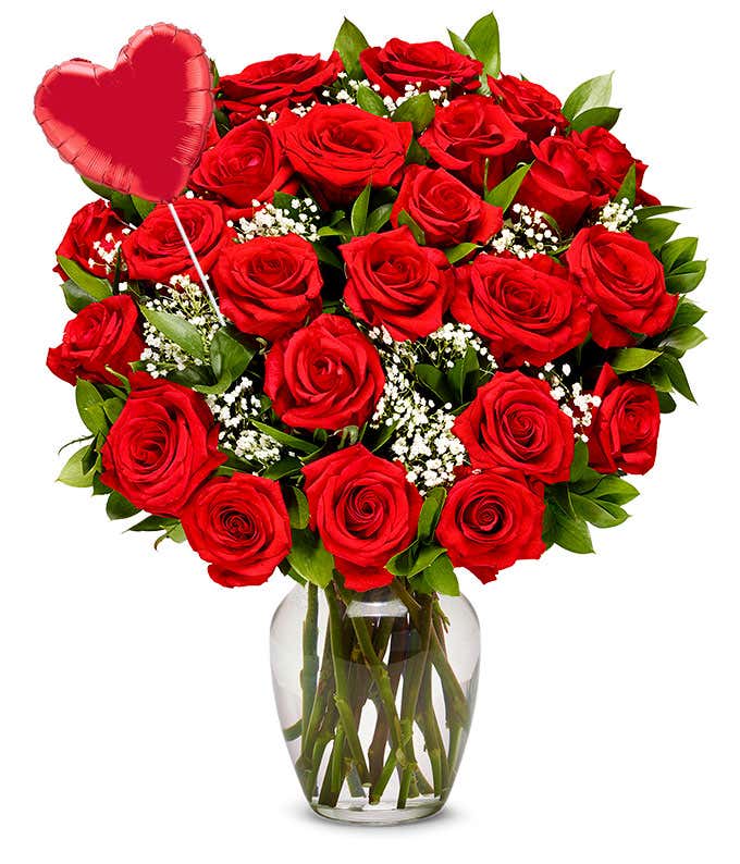 Two Dozen Red Roses + Heart Balloon