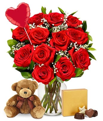 One Dozen Red Roses + Heart Eye Emoji Balloon + Chocolate + Bear at ...