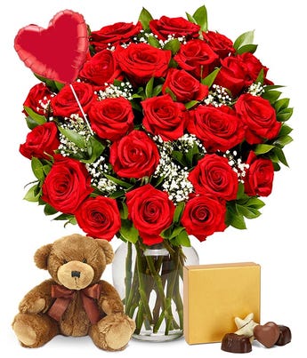 Two Dozen Red Roses + Heart Eye Emoji Balloon + Chocolate + Bear at ...