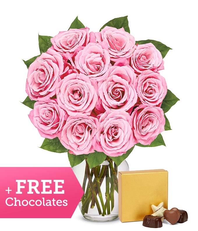 One Dozen Light Pink Roses With Free Godiva Chocolate At From You