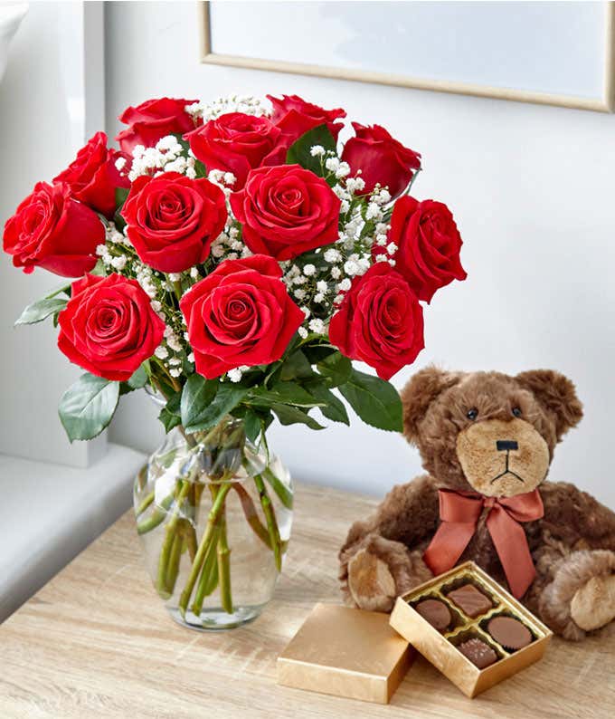 One Dozen Red Roses with Bear & Chocolates