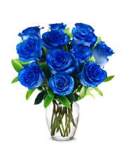 A bouquet of one dozen blue roses, optionally arranged in a glass vase.