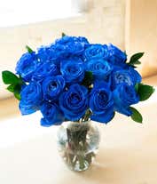 Alternative image 1 for A bouquet of two dozen blue roses, with an optional glass vase.
