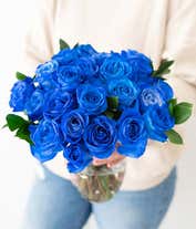 Alternative image 3 for A bouquet of two dozen blue roses, with an optional glass vase.