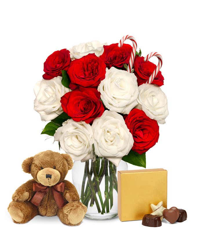 One Dozen Candy Cane Roses with Chocolates and Bear