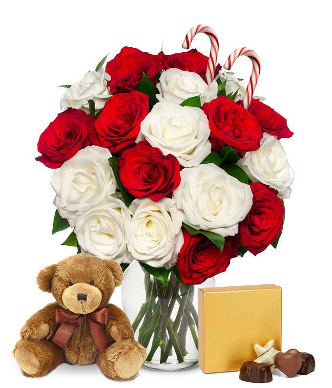 18 Candy Cane Roses with Chocolates and Bear