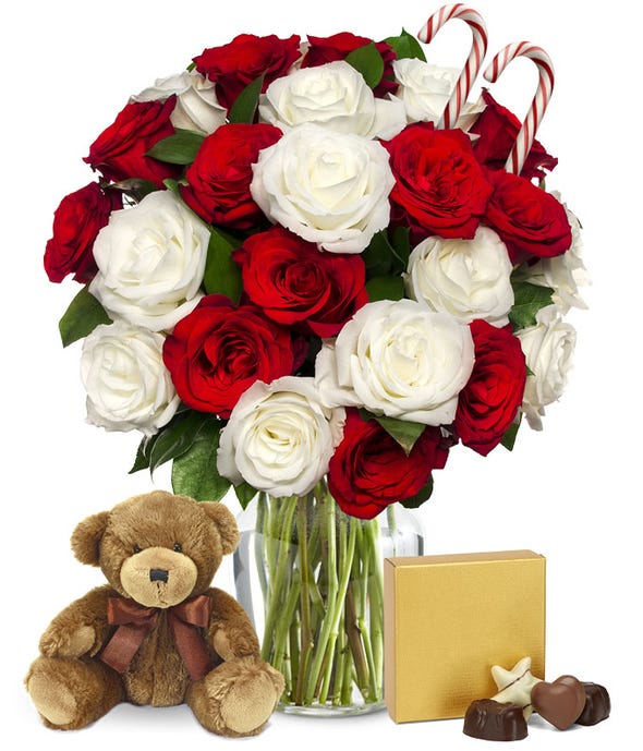 Two Dozen Candy Cane Roses with Chocolates and Bear at From You Flowers