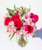 Alternative image 2 for A bouquet featuring pink roses and pink alstroemeria, with an optional glass vase.