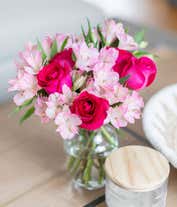 Alternative image 4 for A bouquet featuring pink roses and pink alstroemeria, with an optional glass vase.
