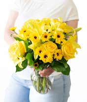 Alternative image 2 for A bouquet featuring yellow lilies, yellow roses, and yellow poms, with an optional glass vase.