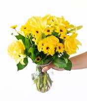 Alternative image 4 for A bouquet featuring yellow lilies, yellow roses, and yellow poms, with an optional glass vase.
