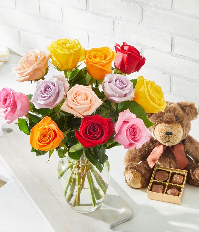 One Dozen Rainbow Roses with Bear & Chocolates at From You Flowers