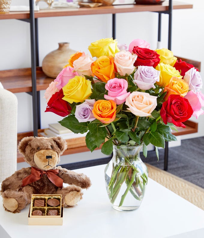 Two Dozen Rainbow Roses with Bear & Chocolates at From You Flowers