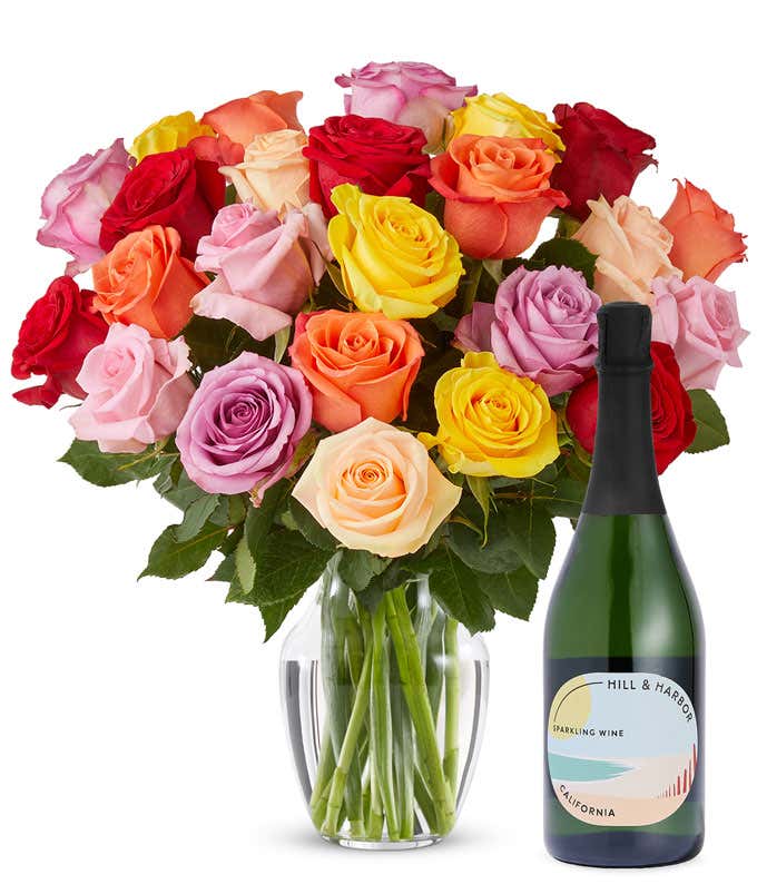 From You Flowers - Two Dozen Rainbow Roses With Chocolates & Bear With Glass Vase