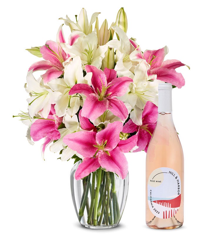 Pink and White Lilies with Ros Wine