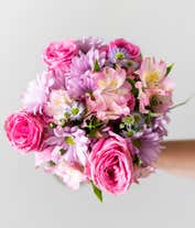 Alternative image 4 for A bouquet featuring pink roses, purple daisies, pink alstroemeria, purple alstroemeria, and purple Monte Casino, with an optional vase.