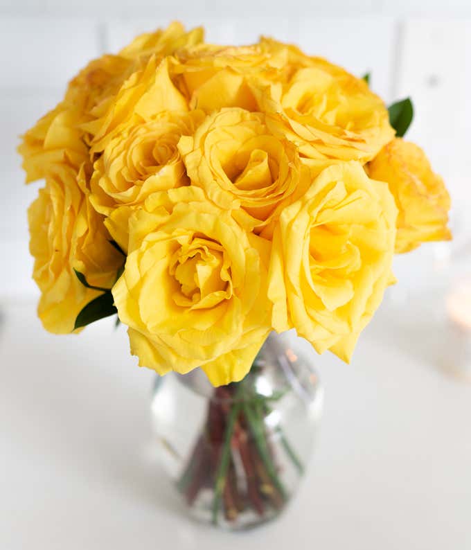 One Dozen Yellow Roses with Clear Glass Vase