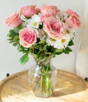 Alternative image 4 for Floral arrangement featuring pink roses, white daisies, and pink carnations, optionally in a vase.
