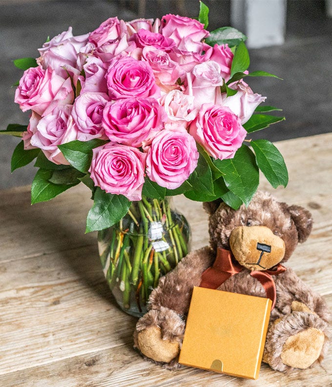 Two Dozen Pink Roses with a Clear Glass Vase, Chocolates, & Teddy Bear ...