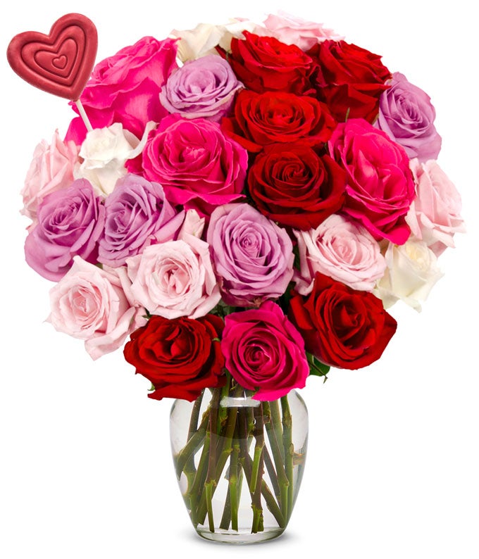 Two Dozen Assorted Sweetheart Roses with Chocolate Heart Pop at From