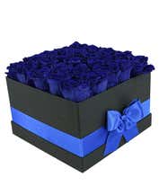 Alternative image 2 for 25 preserved dark blue roses arranged in a black hot box with a blue ribbon.