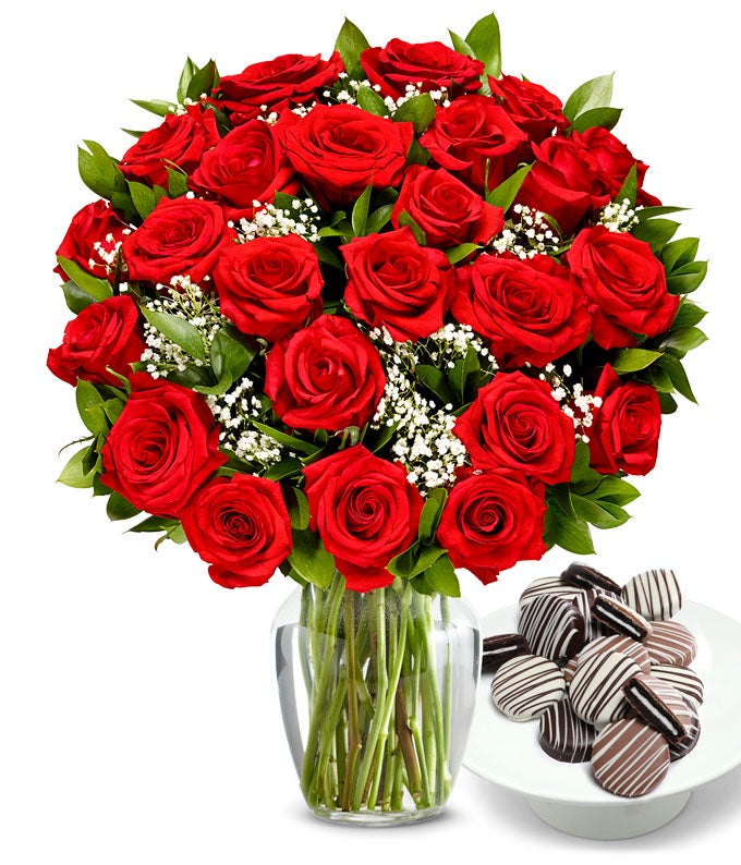 Two Dozen Roses with Chocolate Drizzled Oreos at From You Flowers