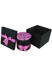 Alternative image 2 for One dozen light purple preserved roses arranged into a black hat box with a purple ribbon.