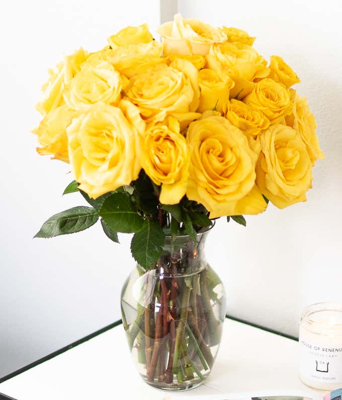 Two Dozen Yellow Roses with Clear Glass Vase