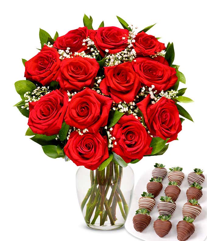 One dozen red roses with one dozen chocolate covered strawberries