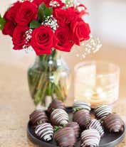 Alternative image 1 for One dozen red roses with one dozen chocolate covered strawberries