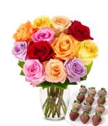 One Dozen Rainbow Roses with Drizzled Berries