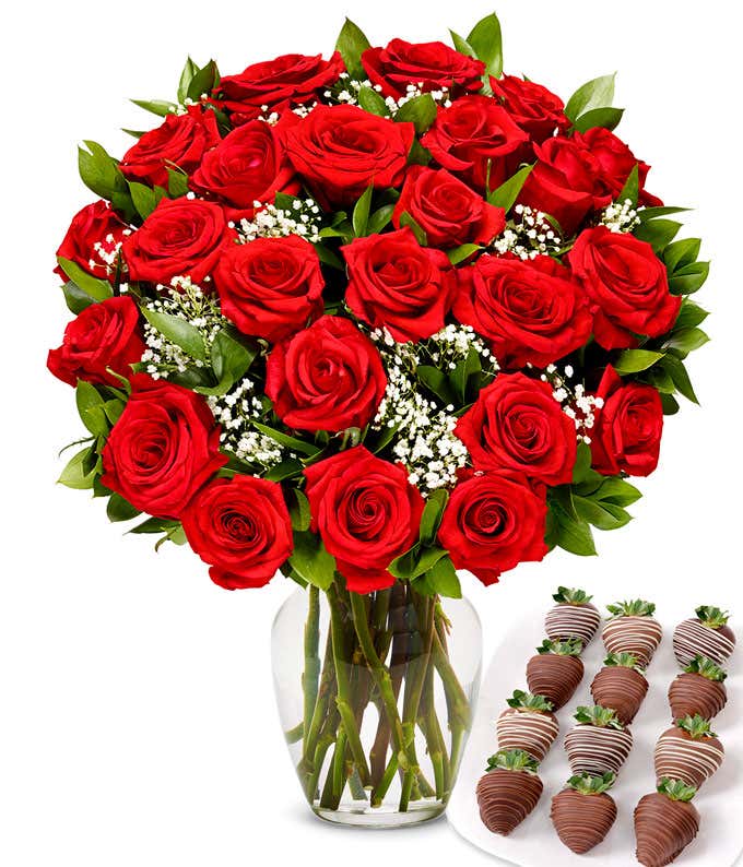 Two dozen red roses with one dozen chocolate covered strawberries.