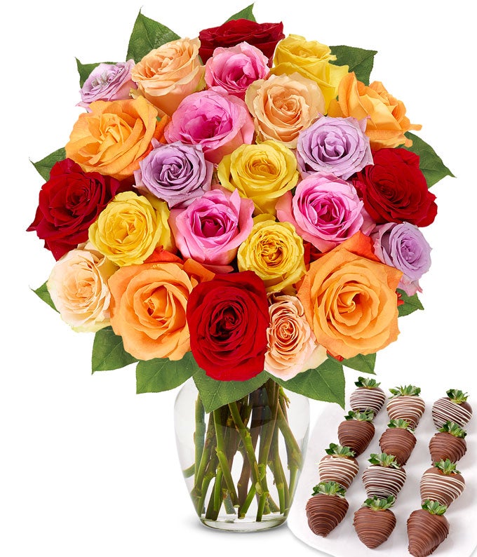 Two Dozen Rainbow Roses with Chocolate Covered Strawberries at From You ...