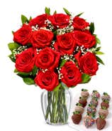 One Dozen Red Roses with Belgian Chocolate Birthday Berries