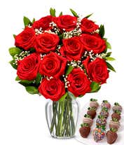 One dozen red roses with one dozen chocolate covered strawberries decorated with rainbow sprinkles. 