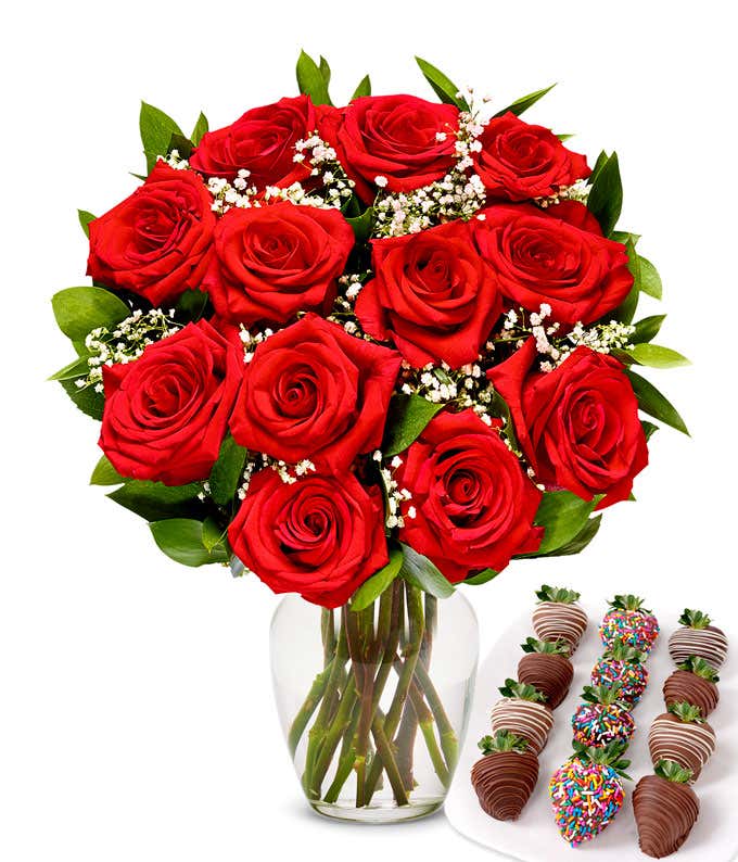 One dozen red roses with one dozen chocolate covered strawberries decorated with rainbow sprinkles. 