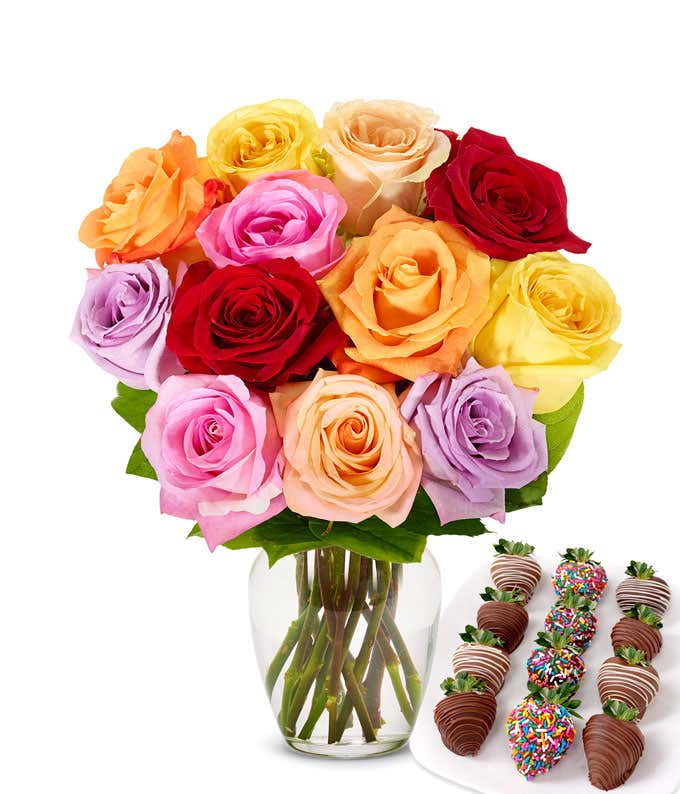 One dozen rainbow roses with one dozen chocolate covered strawberries decorated with rainbow sprinkles