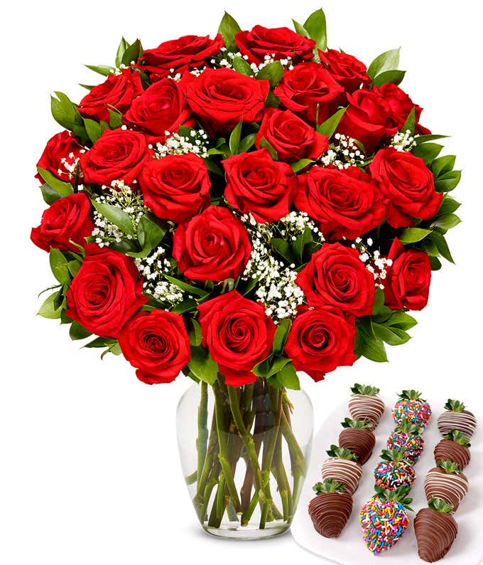 Two dozen red roses with one dozen chocolate covered strawberries decorated with rainbow sprinkles