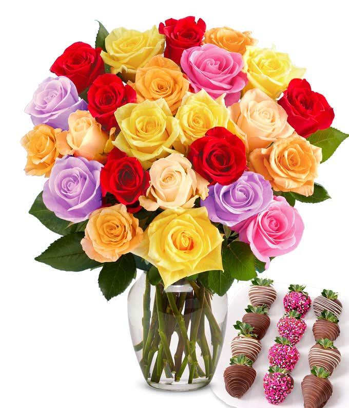 Two dozen rainbow roses with one dozen chocolate covered strawberries decorated with pink sprinkles.