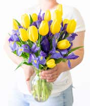 Alternative image 3 for Blue iris flowers arranged with yellow tulips for gift delivery