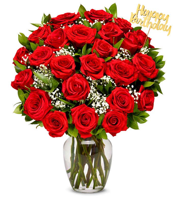 Red roses with baby's breath arranged with a gold Happy Birthday pick