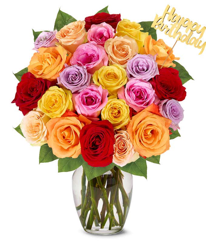 Assorted color roses with a gold pick saying Happy Birthday
