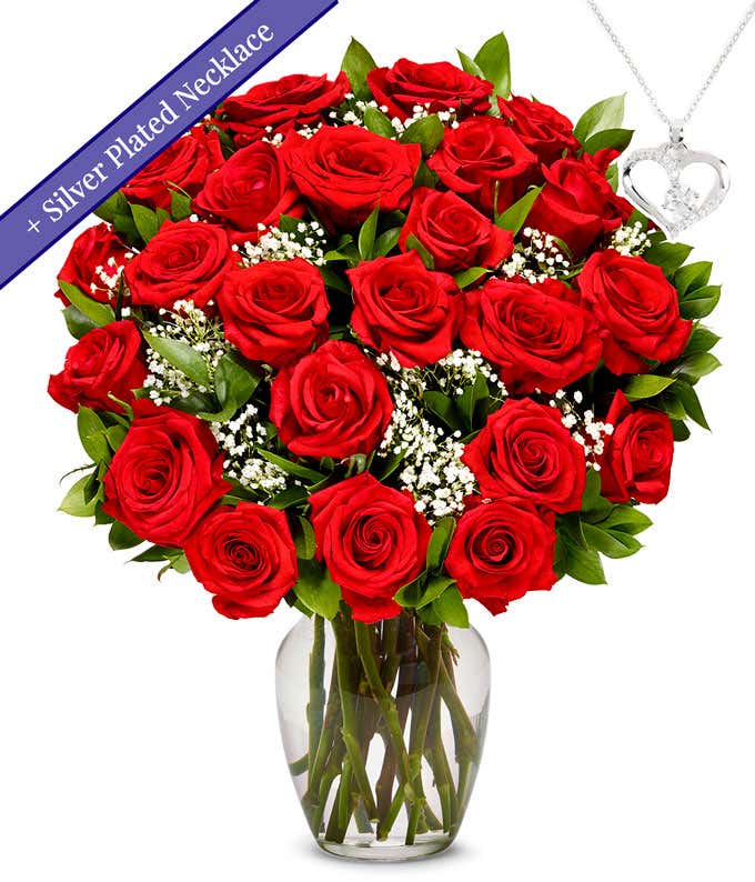 Two Dozen Red Roses with Sterling Silver Heart Necklace