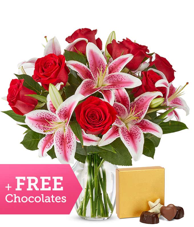 Red Roses & Stargazers with FREE Chocolates - Premium
