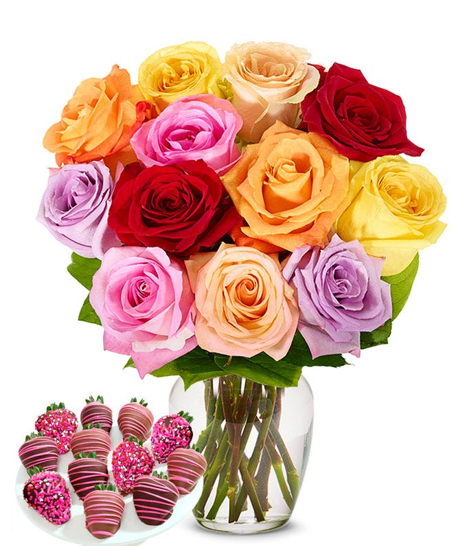 One Dozen Rainbow Roses with Chocolate Strawberries for Mom at From You ...