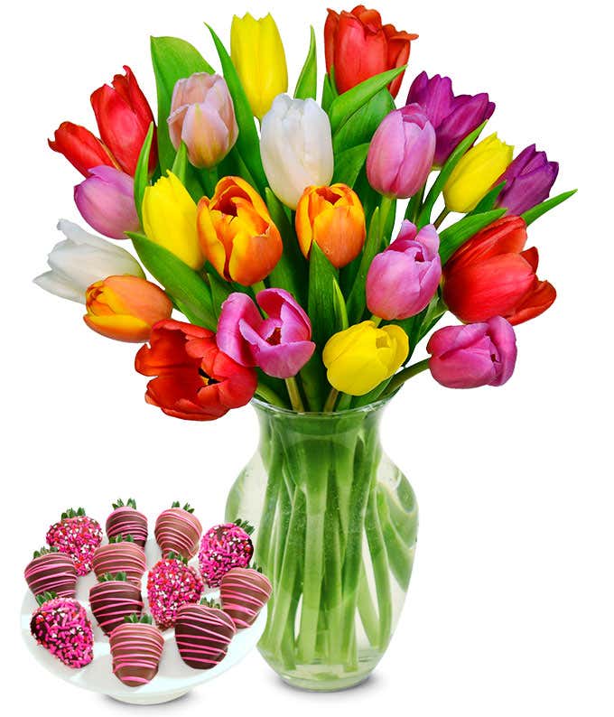 Rainbow Tulips with Chocolate Strawberries for Mom - 20 Stem