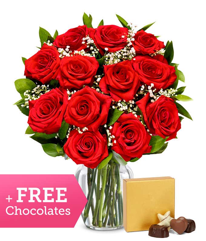 One Dozen Long Stem Red Roses + Free Chocolates